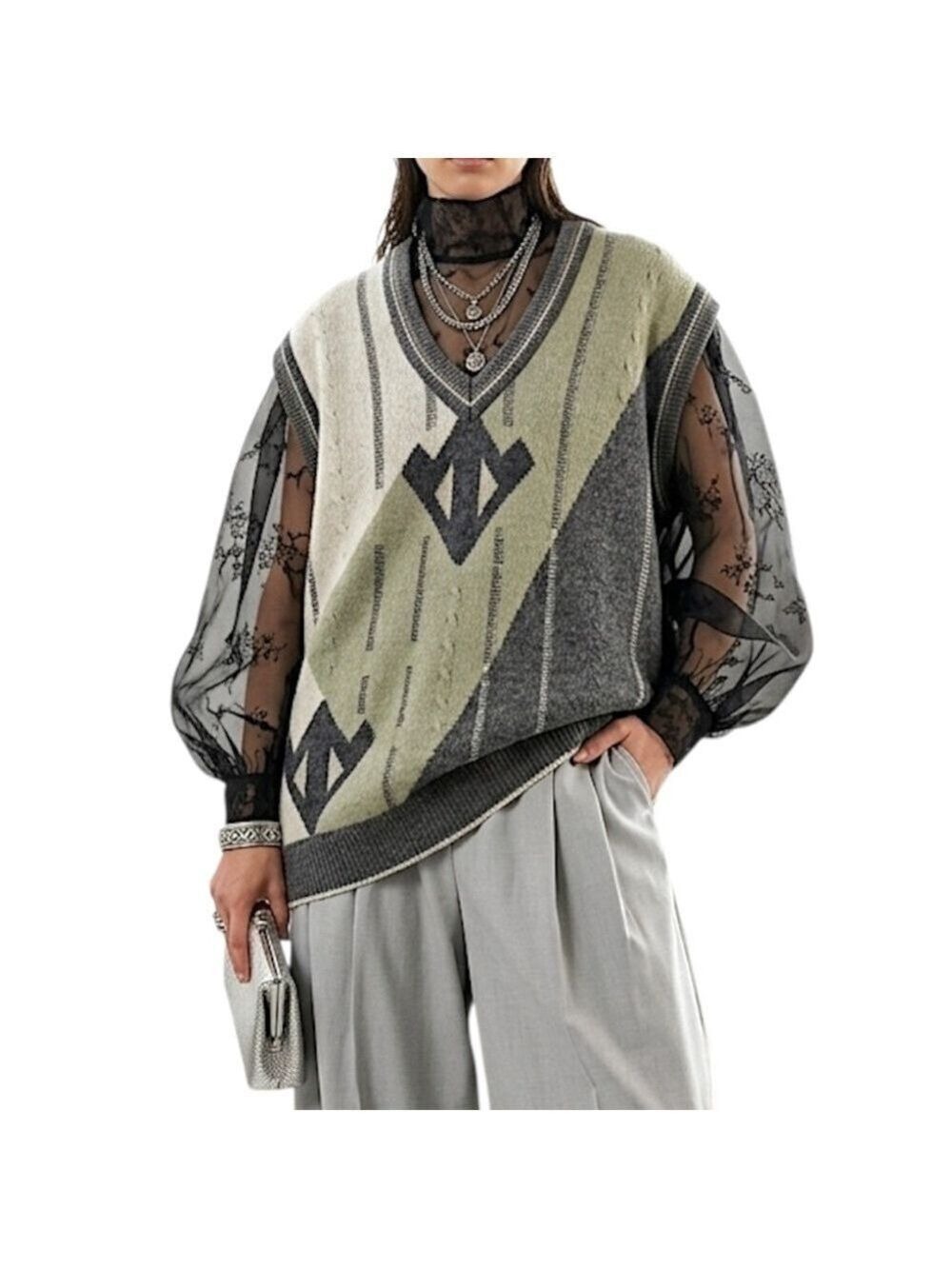 Vintage 80s oversized boxy wooly abstract argyle v neck pull over grandpa vest